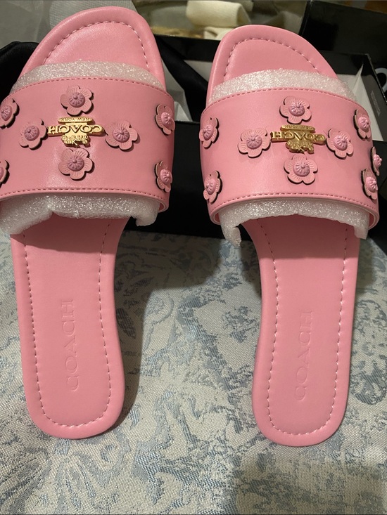 Coach Shoes - Coach Pink Floral Appliqué Slide Sandals with Gold Logo